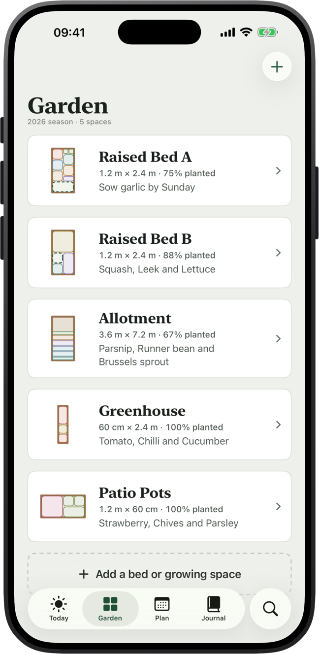 The Garden screen listing raised beds, an allotment, a greenhouse and patio pots, with what's planted in each