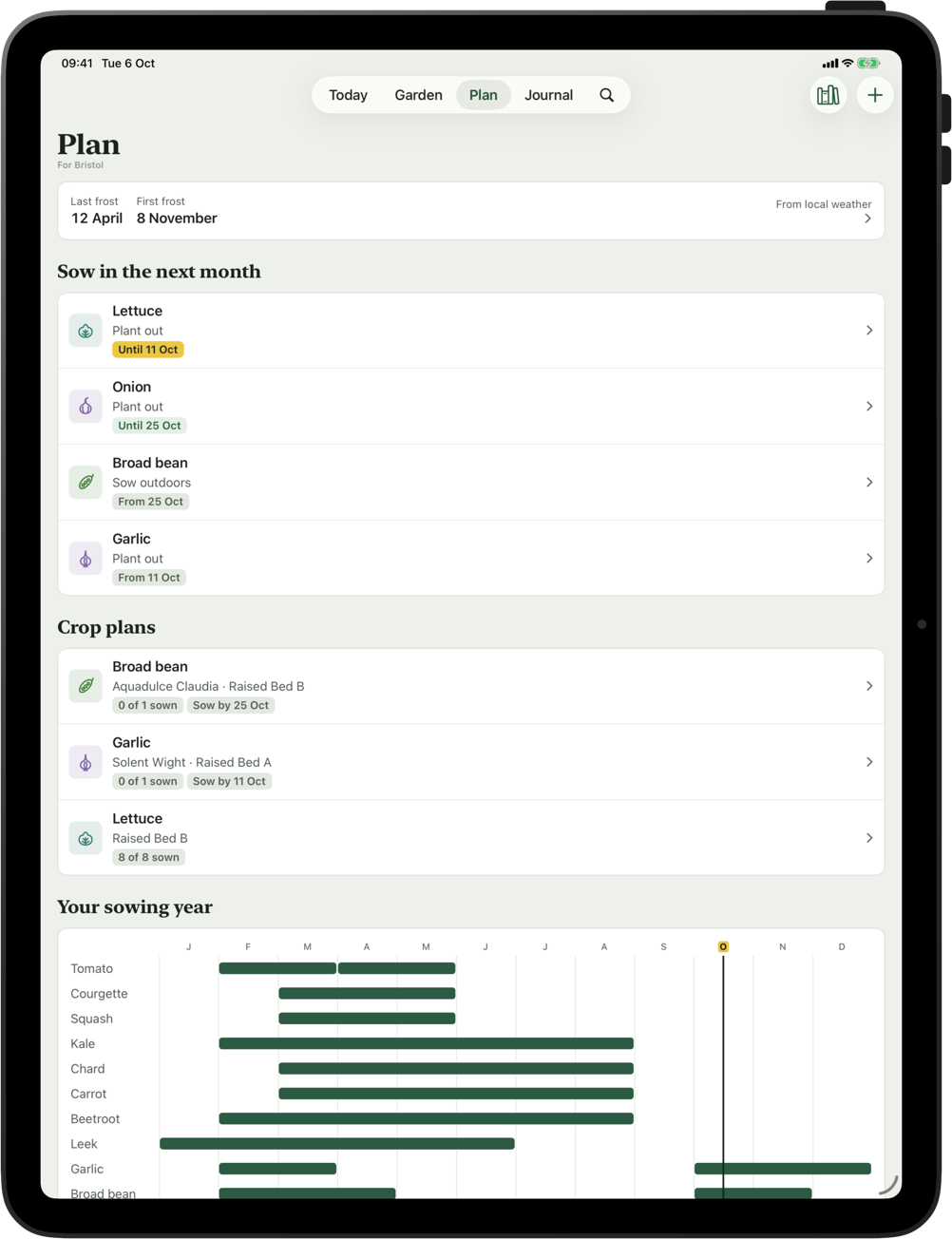 VegLog on iPad: frost dates, what to sow in the next month, crop plans and the sowing year as a chart